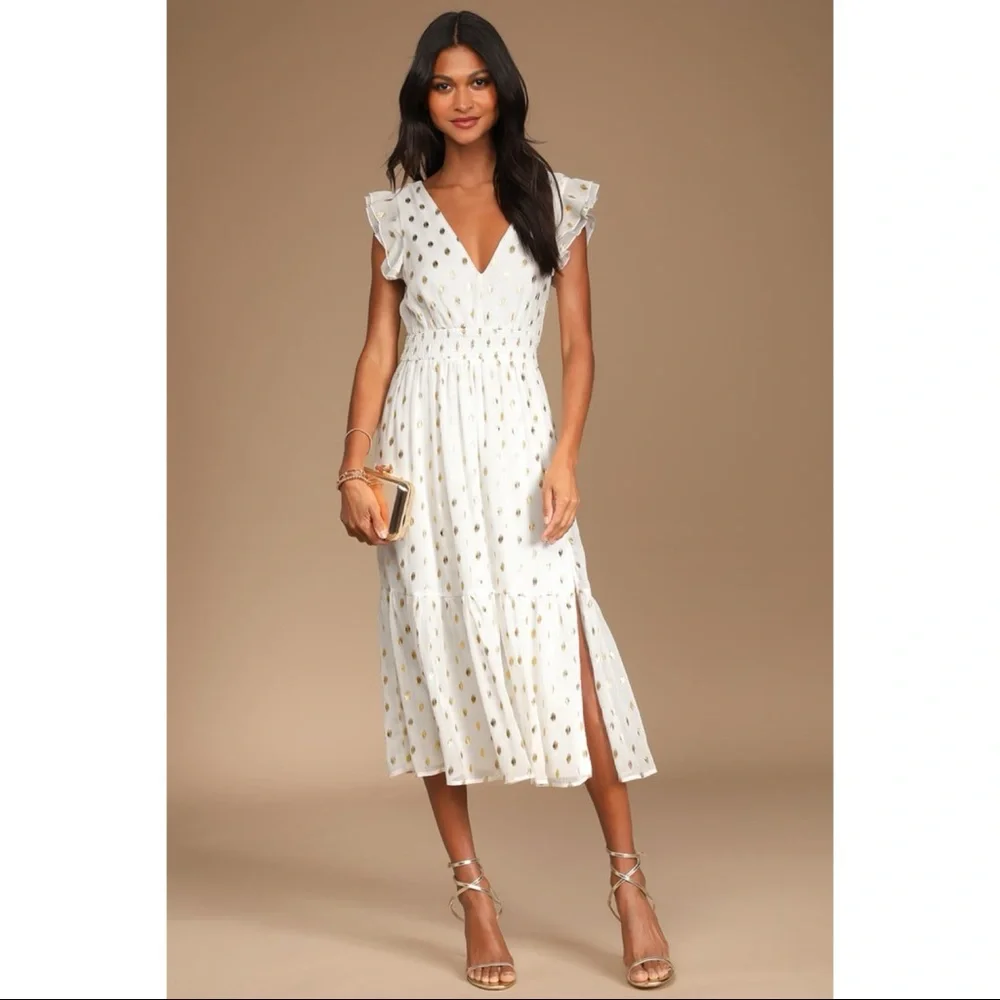 NWOT Lulus Cause to Celebrate White and Gold Dot Ruffled Tiered Midi Dress - Picture 1 of 11